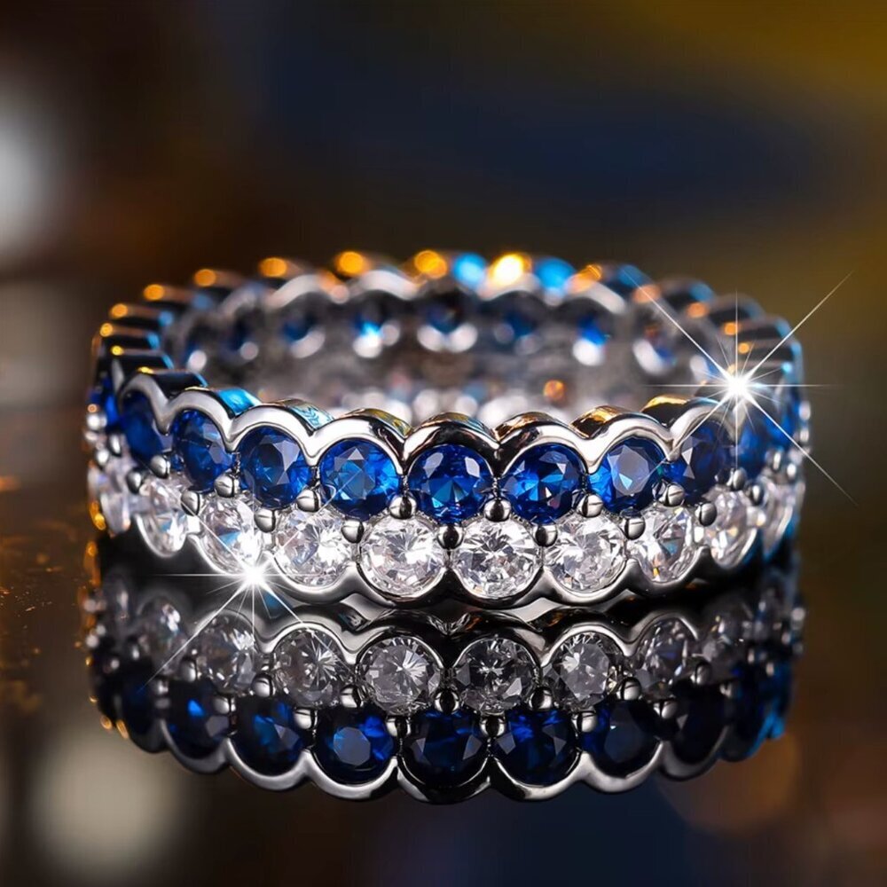 NEW 18k White Gold Blue Sapphire Diamond Ring Band